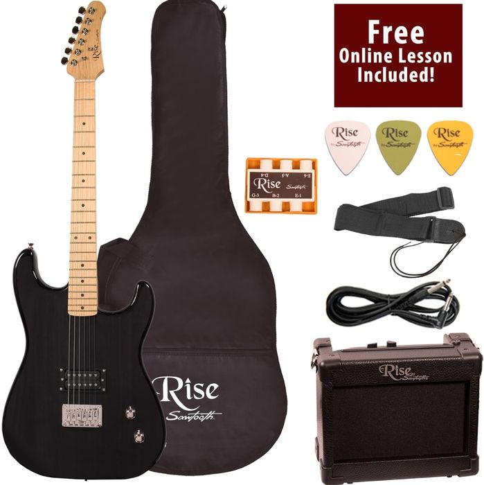 The beginner's guitar set in black, complete with all its accessories.