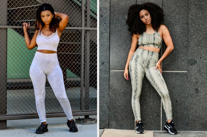 A model is shown wearing a white mesh sports bra with vintage patterns and high-waisted leggings, paired with black sneakers in front of a black gate. Another model dons a green snake print sports bra with matching leggings and black sneakers in front of a black wall.