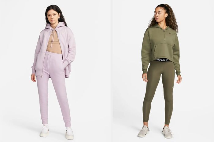 A model sports light purple high-waisted joggers with a matching hoodie and a beige top underneath, set against a white background. Another model is dressed in olive green leggings with a Nike logo band and a matching hoodie, also on a white backdrop.