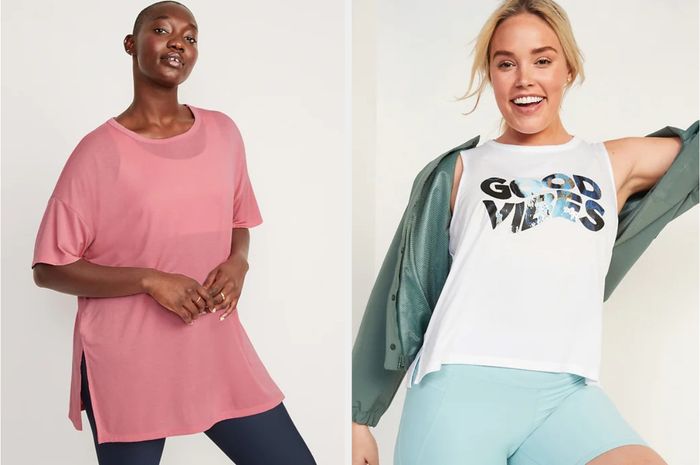 One model is dressed in a pink oversized t-shirt with black leggings, while another wears a white tank top paired with a green over-shirt and blue biker shorts, both against a white background.