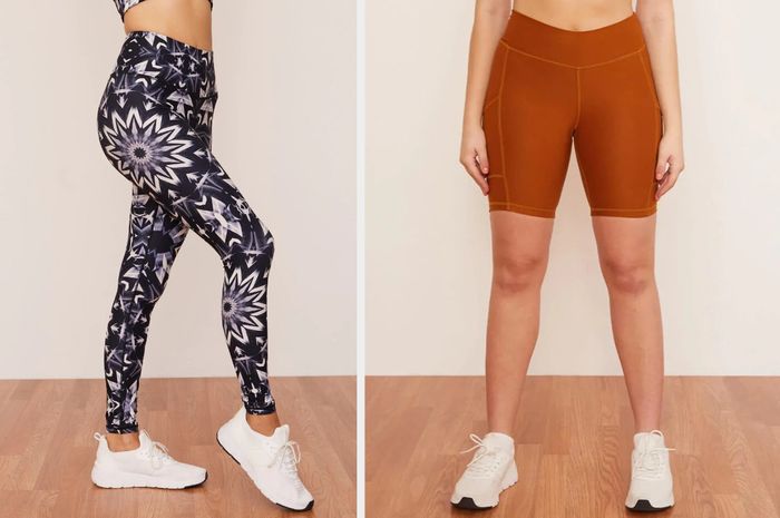 A model displays navy blue and white floral star-patterned leggings paired with white sneakers on hardwood flooring, while another model wears brown biker shorts and white sneakers in front of a white wall.