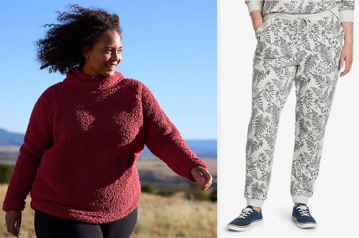 A model walks in front of a mountain backdrop wearing a red teddy mock neck sweater paired with black leggings, while another model sports black and white vine-pattern joggers with navy sneakers in front of a white background.