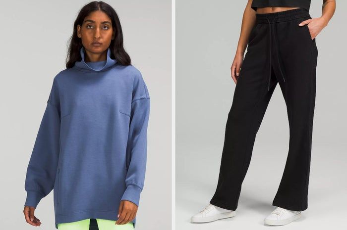 A model dressed in a long blue turtleneck tunic with cuffed sleeves and light green leggings stands against a gray backdrop, while another model sports black straight-leg sweatpants paired with white sneakers in front of a white background.