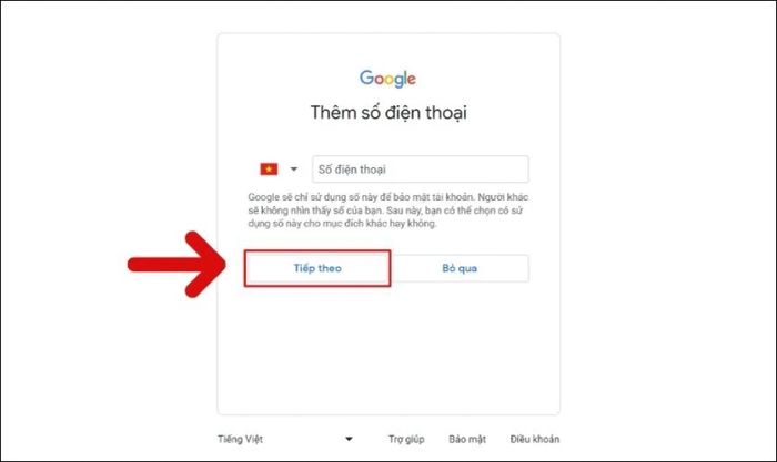 Thêm số điện thoại và nhấn Tiếp theo