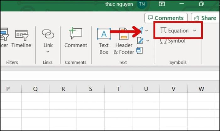 Chọn mục Symbols và nhấn vào Equation