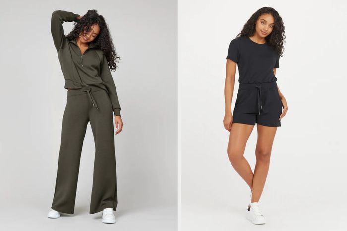 A model is seen in wide-leg green sweatpants with a matching hoodie, while another model showcases a black romper against a white background.