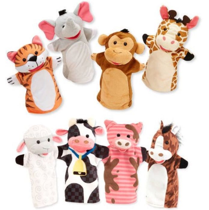 A set of two puppets featuring four different animal characters