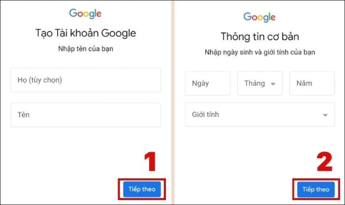 Nhập tên, ngày sinh, giới tính và nhấn Tiếp theo