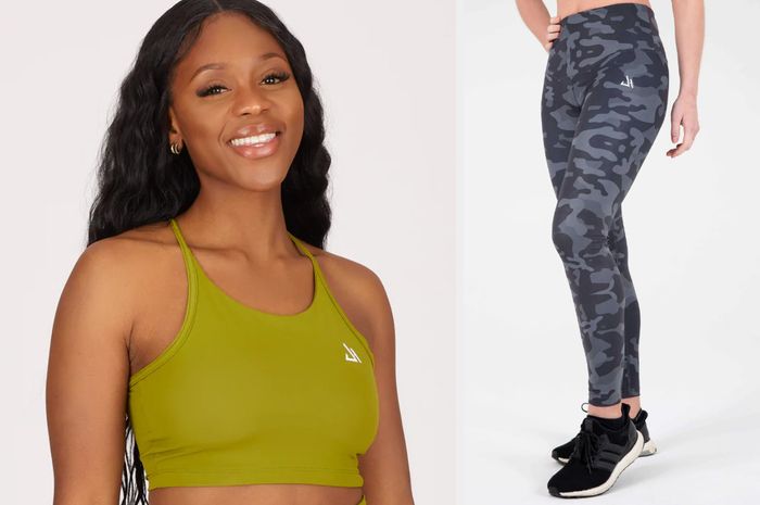 A model wears an olive green sleeveless crop top against a white background, while another model rocks black and gray camo high-waisted leggings with black sneakers on a white backdrop.