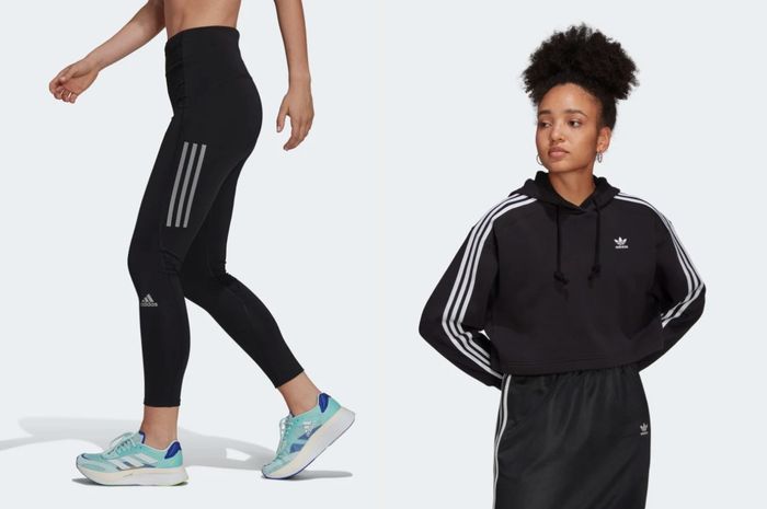 A model shows off black and gray high-waisted leggings paired with light blue sneakers against a white background, while another model rocks a cropped red and white hoodie with black bottoms, also on a white backdrop.