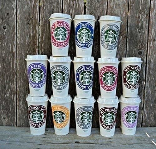 A stack of custom personalized Starbucks hot cups.