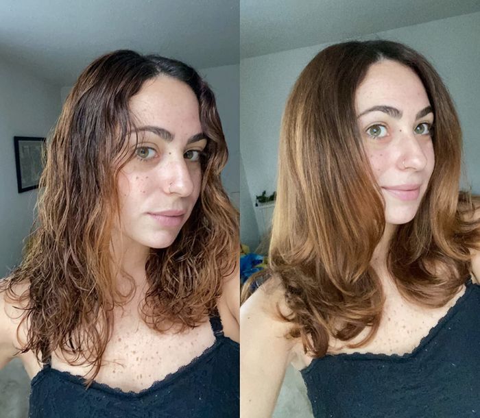 On the left, the reviewer with wet, medium-length brown hair. On the right, the same reviewer with perfectly blow-dried and styled hair using the dual dryer and brush.