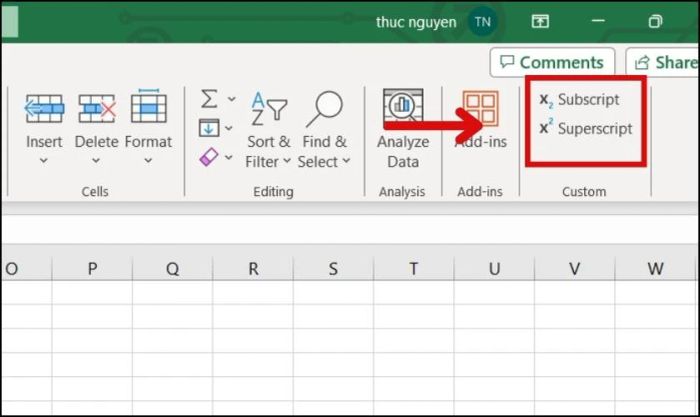 Thêm nút chỉ số trên, dưới vào thanh Quick Access Toolbar