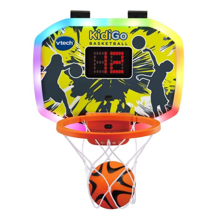 the basketball hoop with a glowing scoreboard and a basketball ready for action