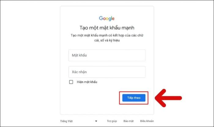 Nhập mật khẩu cho tài khoản và nhấn chọn Tiếp theo
