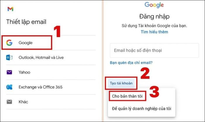 Nhấn vào Google, chọn Tạo tài khoản và chọn Cho bản thân tôi