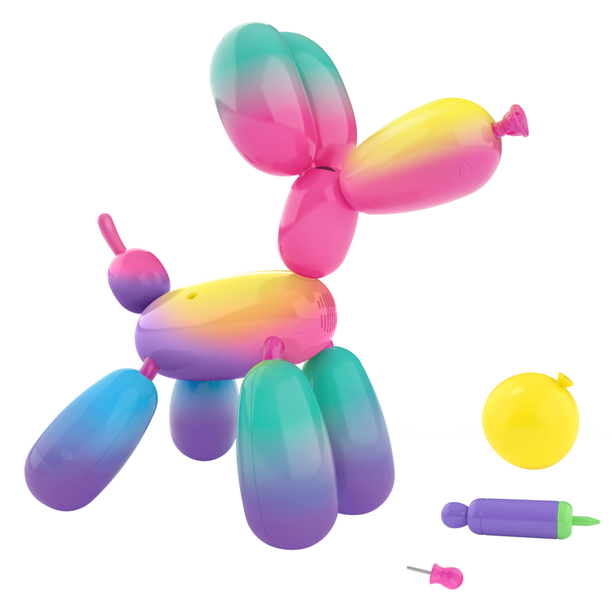 the Rainbow Squeakee balloon dog toy with vibrant colors and playful features