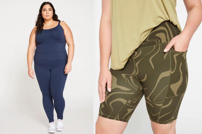 A model is wearing a navy blue sleeveless bodysuit paired with white sneakers in front of a white background, while another model is styled in swirly two-toned green biker shorts and a light green top against a white backdrop.