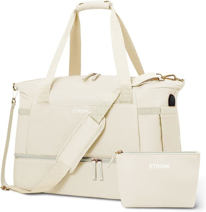 Beige weekender bag paired with a cosmetics case.