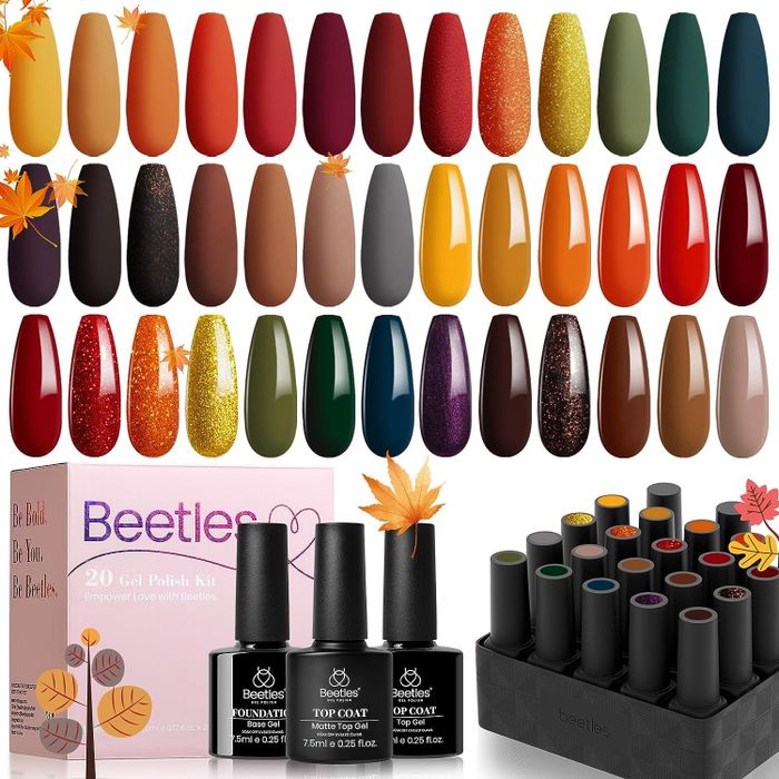 The Beetles Cozy Campfire collection, featuring gel nail polish, base coat, glossy, and matte top coats