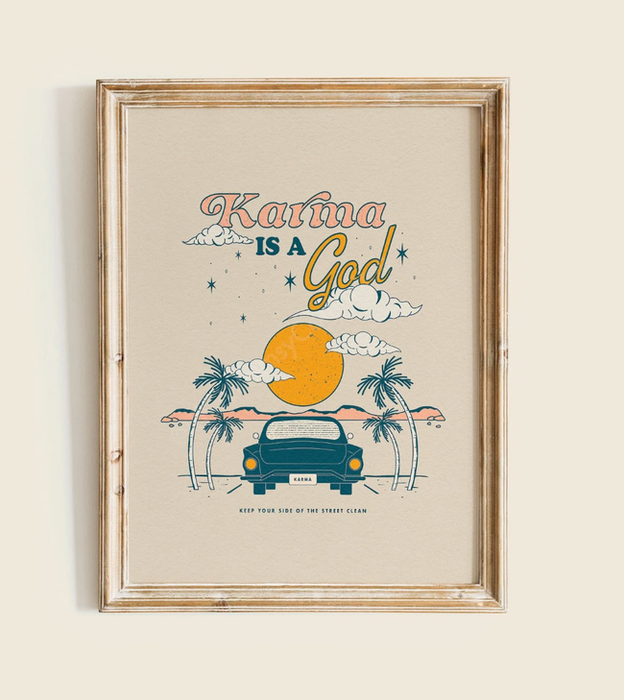 An illustration of a car driving down a highway with the song lyrics