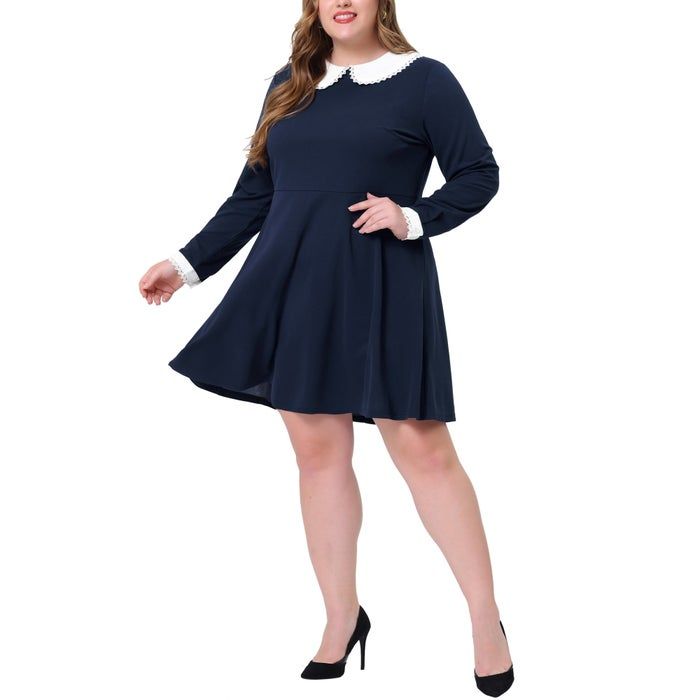 the navy dress with long sleeves and a crisp white collar