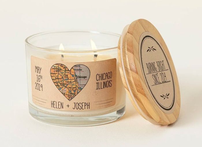 Personalized candle featuring a heart-shaped map design for Chicago, IL, with the date May 16, 2019, and the label