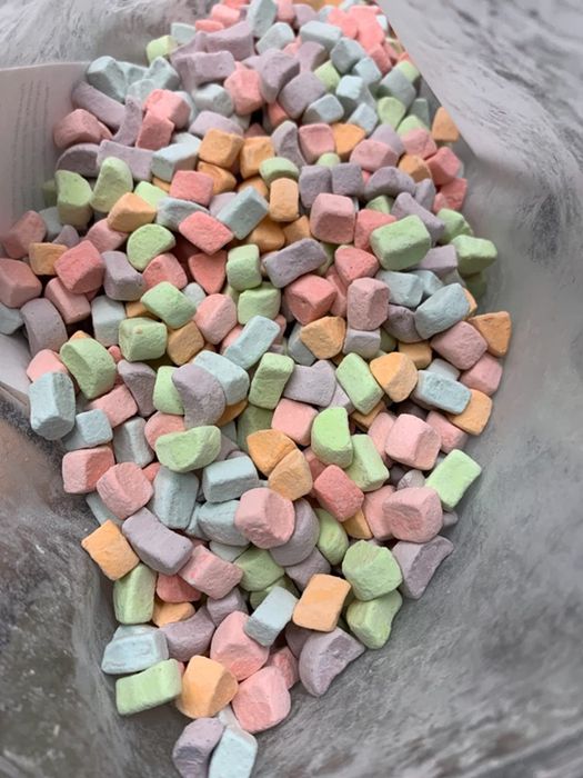 A close-up shot of colorful cereal marshmallows.