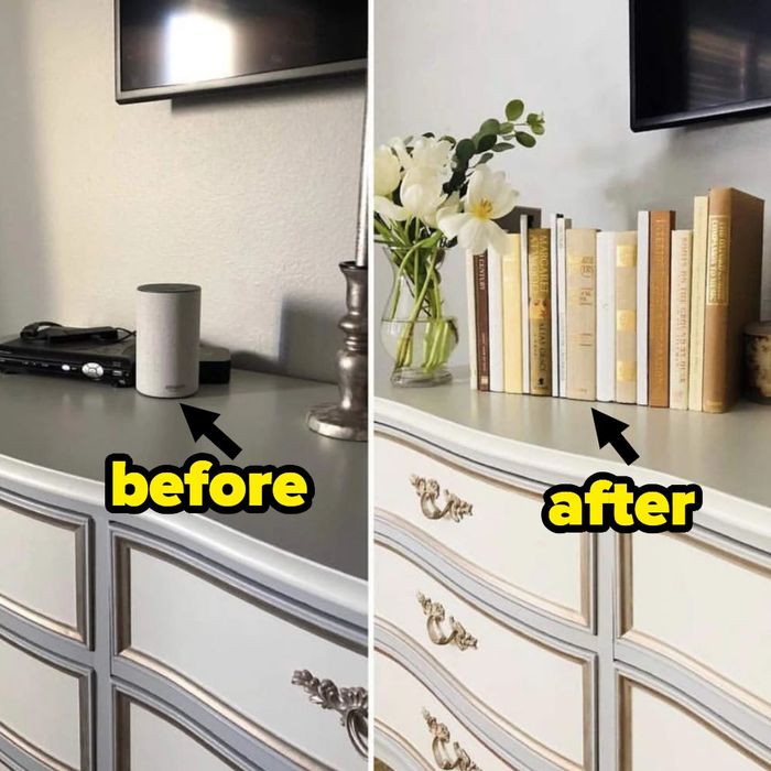 Left: a messy setup with a TV receiver and Amazon Echo surrounded by cables / Right: the same items neatly concealed with a faux book display