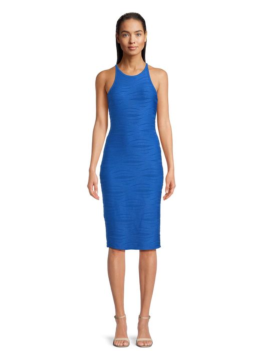 A model wearing a blue dress