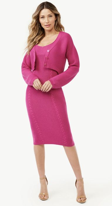 a model showcasing the pink sweater and dress set