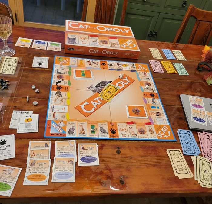 The Cat-Opoly board game set up on a wooden table, with cards, money, and tokens scattered, giving a playful twist to the traditional property game.