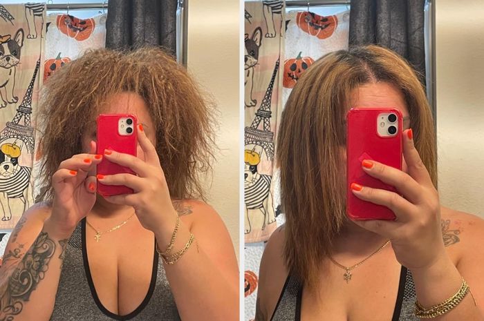 The image shows two selfies: one with a person’s curly hair on the left, and their hair styled straight on the right.