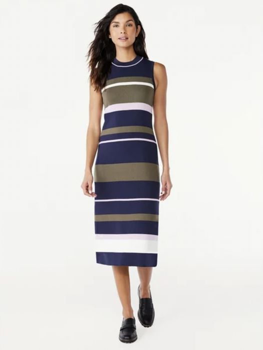 A model showcasing a sleeveless dress in a combination of white, navy blue, pink, and green colors