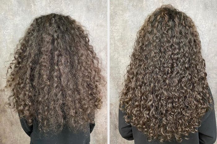 Before and after photos of curly hair. The left shows dry, frizzy curls, while the right reveals defined, moisturized curls after using a treatment