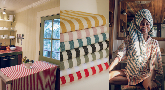 Three images: A vintage kitchen table, a neat stack of striped towels, and a model wearing a towel and robe.