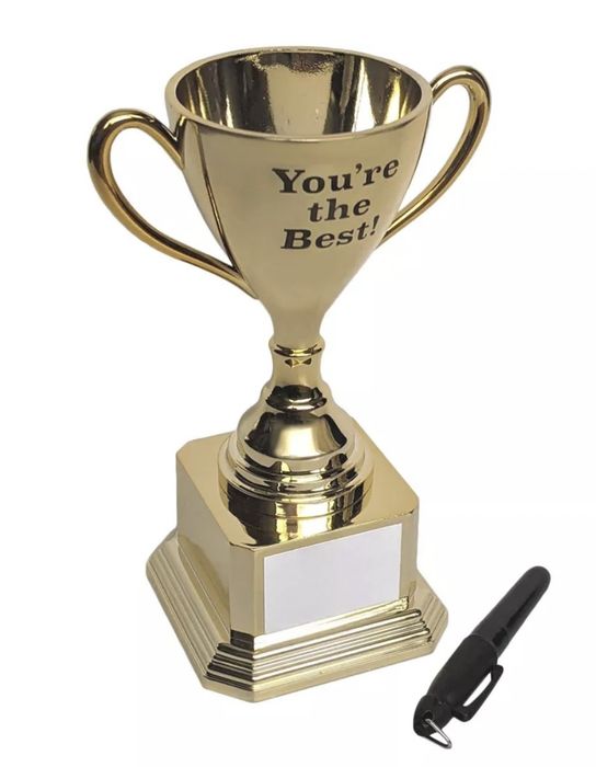 the trophy with a marker beside it