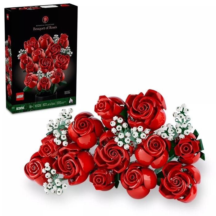 The LEGO Bouquet of Roses set, showcasing both LEGO roses and white flowers, with its stylish packaging displayed alongside.