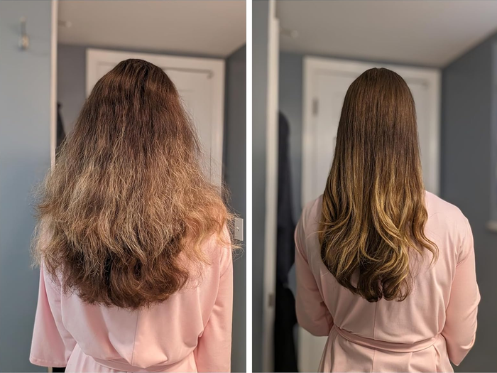 A before-and-after showing a reviewer's frizzy, puffy hair transformed into sleek, frizz-free hair