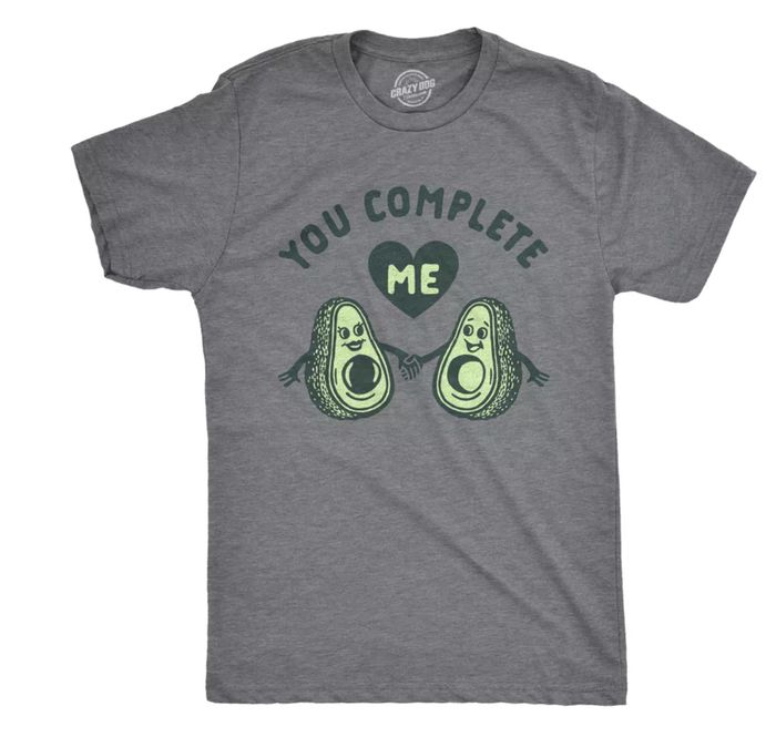 A gray T-shirt featuring cartoon avocados and the text: 