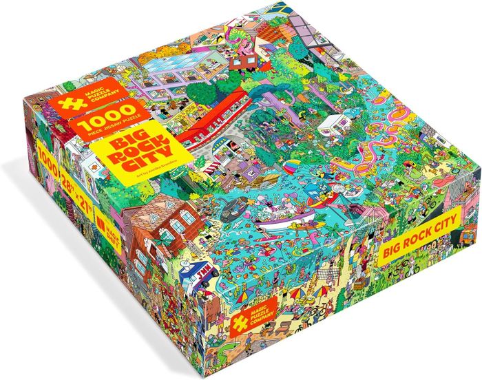The box of a jigsaw puzzle showcasing a vibrant, bustling city illustration.