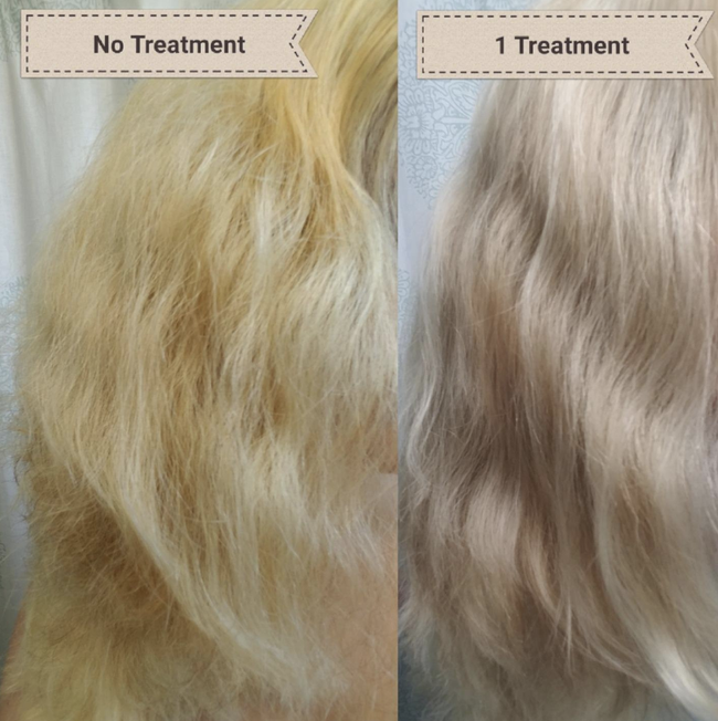 Reviewer showing before and after using the treatment, with noticeable reduction in yellowy tones and frizz