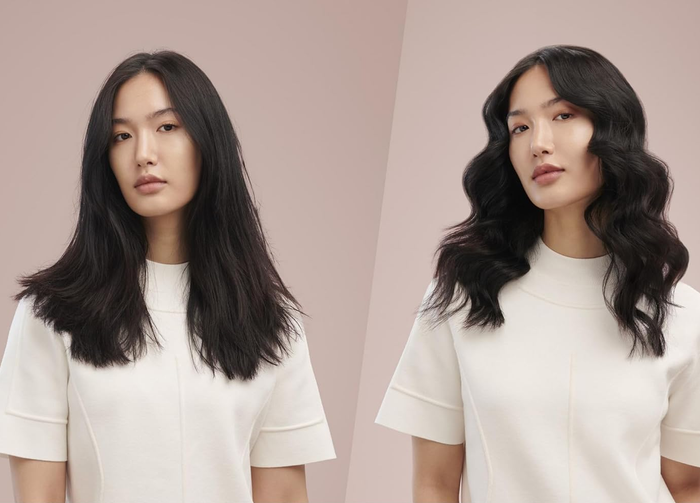 A woman’s hair before and after using the Coanda smoothing dryer to create soft, mermaid-like waves with the 1.2 barrel.