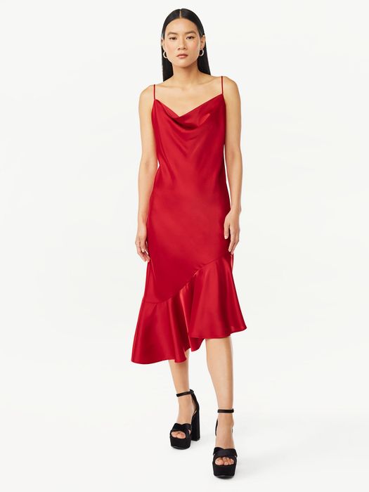 a model wearing the dress in red