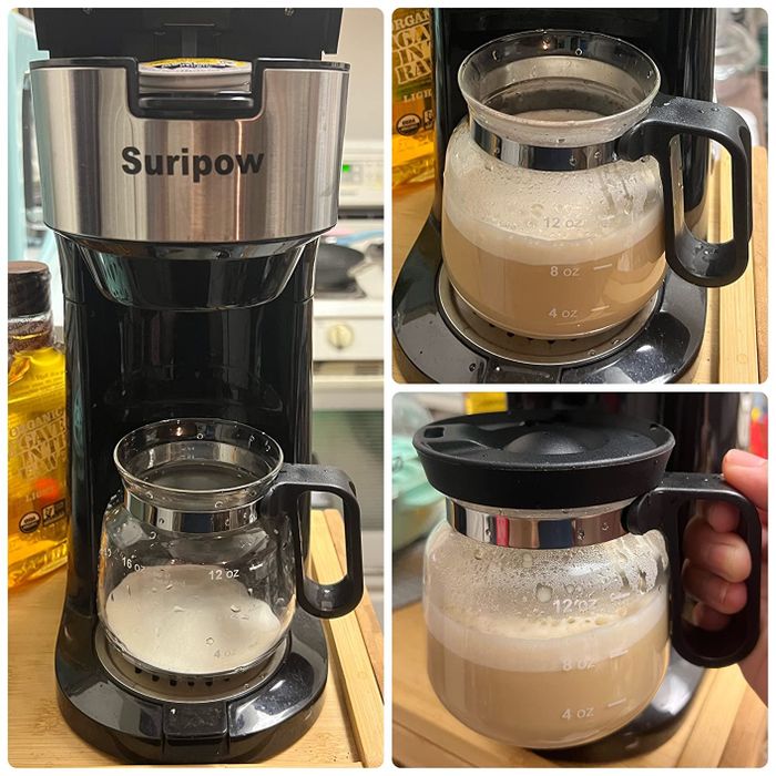 A coffee maker brewing a pot of rich, creamy coffee, with close-ups of the glass carafe filled with freshly brewed coffee on a kitchen counter.