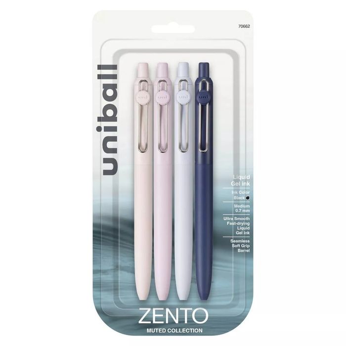 Uniball Zento Muted Collection: Four gel ink pens in both pastel and dark shades, neatly packaged.