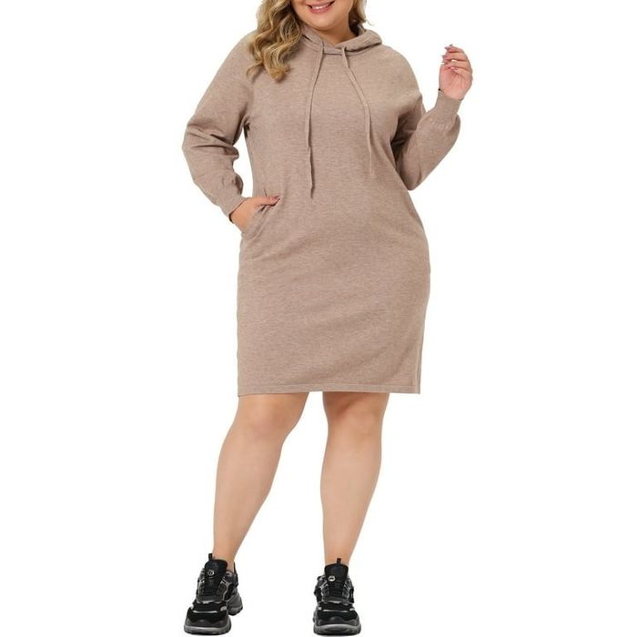 a model in the beige long-sleeve dress