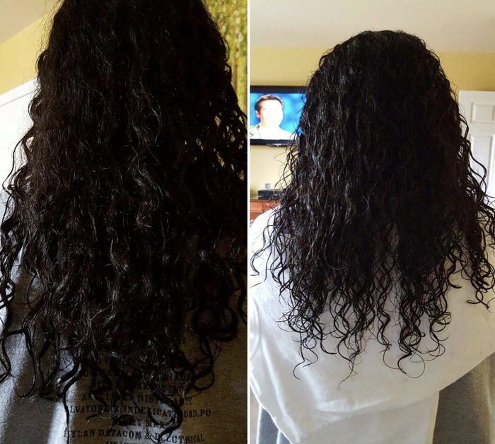 before and after picture from a reviewer showing how the mask enhanced their curls