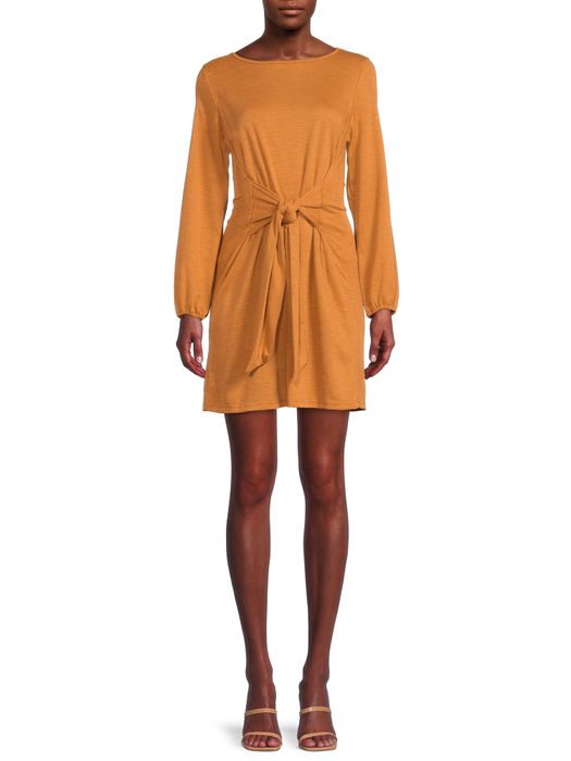 A model wearing a vibrant orange dress