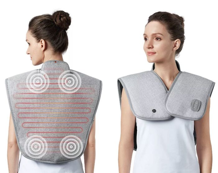 A model wearing the massaging pad over her upper back and shoulders, with visual indicators showing the heat and massage functions inside the wrap.